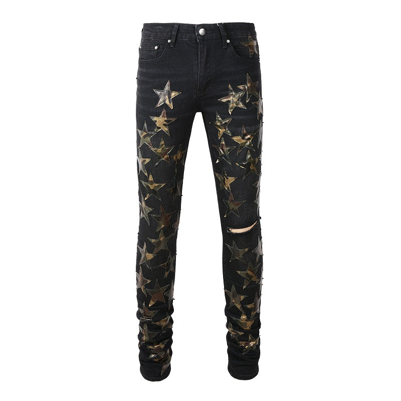 Dropshipping Ripped Distressed Leather Star Patch  Designer Mens denim Jeans