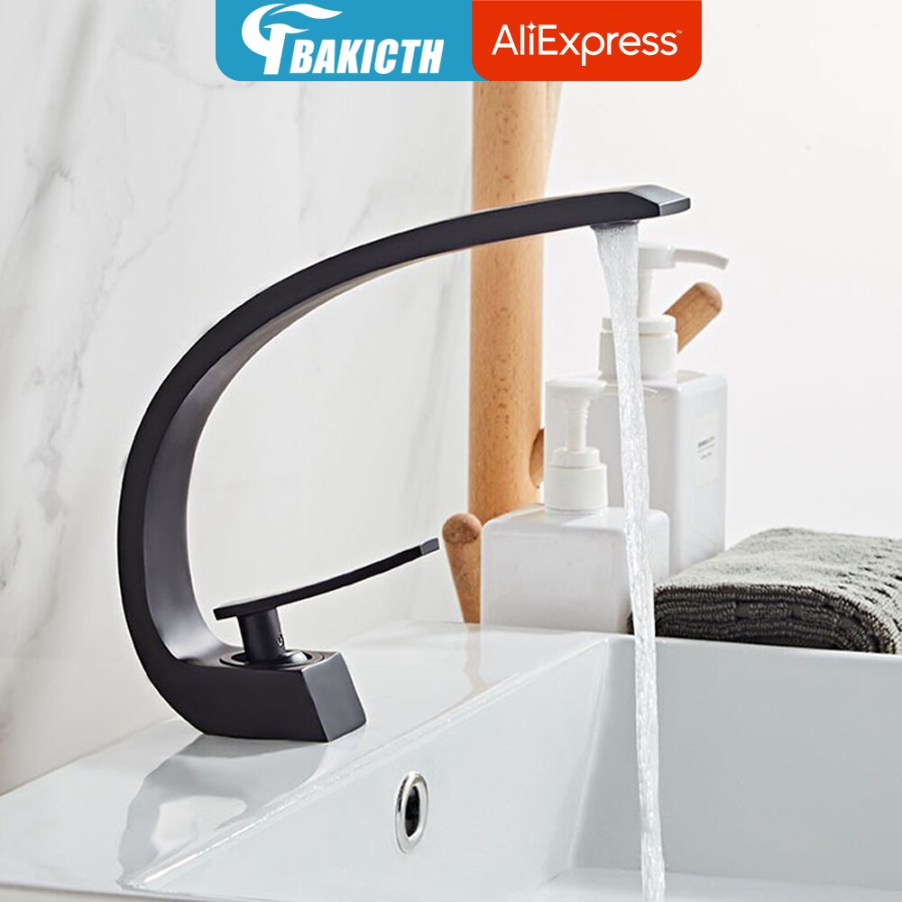 Bakicth Bathroom Sink Faucet Tap Black Brass Wash Basin Faucets Single Handle Hot and Cold Waterfall Modern Elegant Mixer grifos