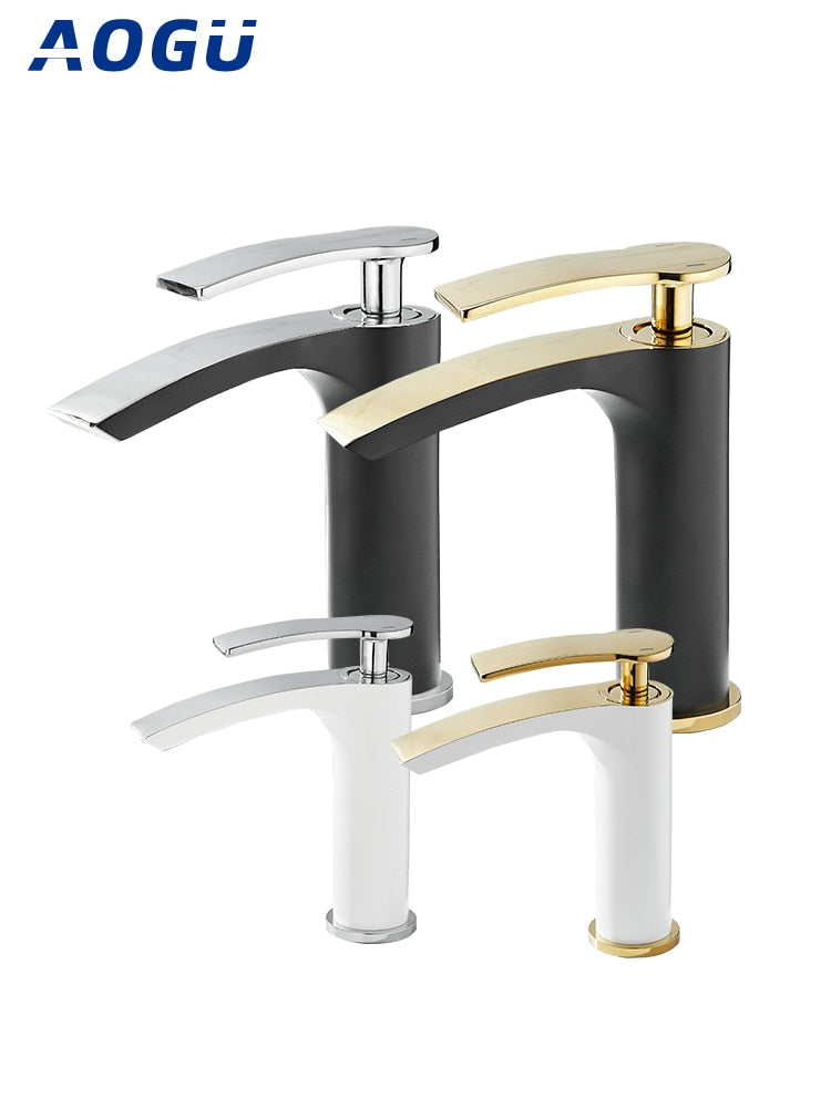 Black Gold Waterfall Basin Faucet Bathroom Hot and Cold Water Mixer Deck Mounted White Washbasin Sink Tap Chrome One Hole
