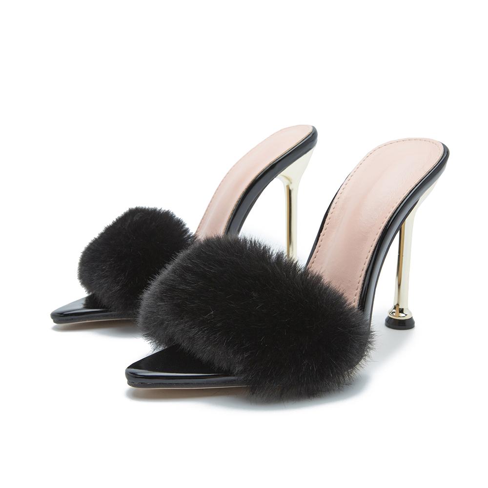 fashion trend 2021 new real rabbit hair iron heel pointed super high heel womens sandals 4 colors into 35 42