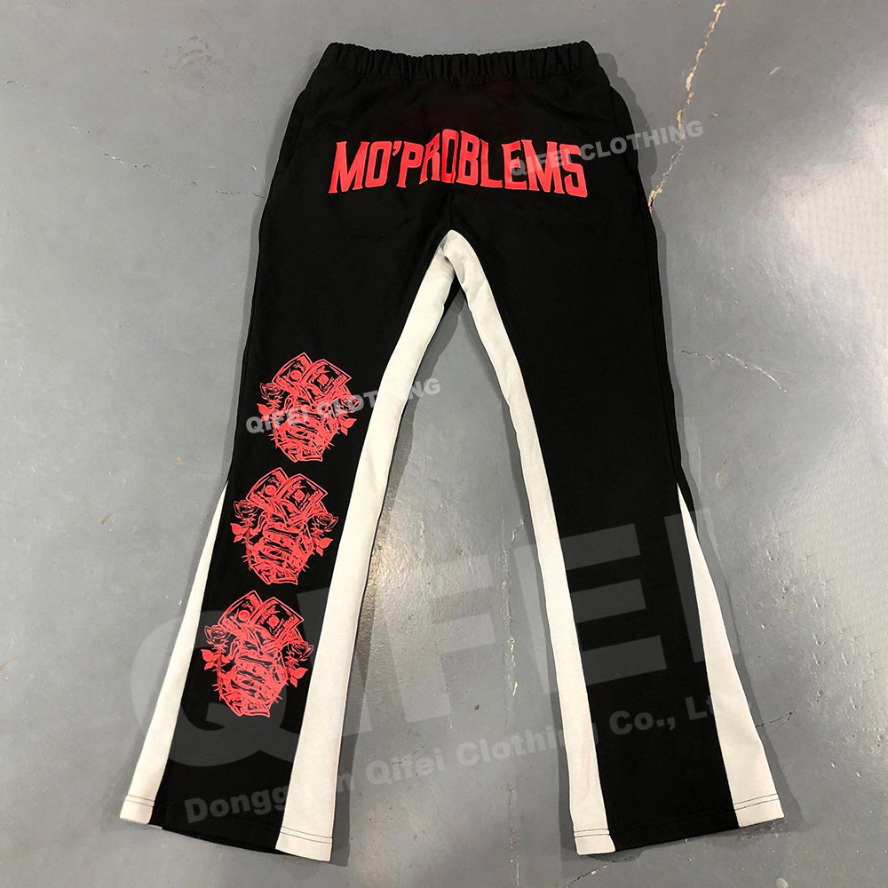 Custom mens track stacked flair trouser 100% cotton flared sweatpants painted flare sweat pants men