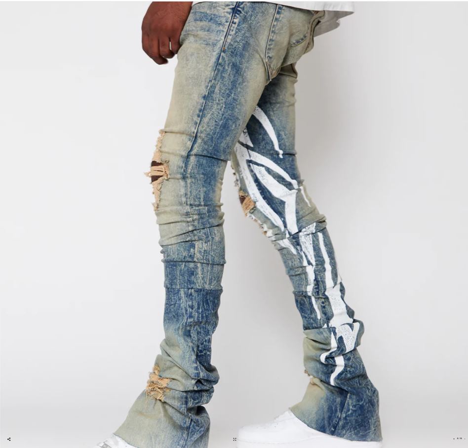 Vintage stacked denim pants wholesale custom slim fit prints ripped stacked jeans men flare