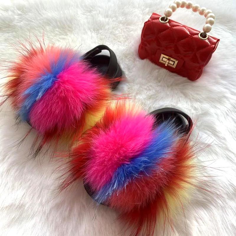 new arrival wholesale colorful fur cute raccoon fox fur slippers summer toddler fur slides kids girls shoes and bags set 2021