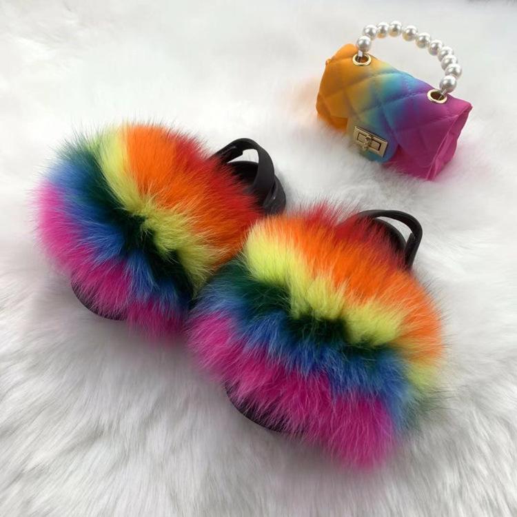 new arrival wholesale colorful fur cute raccoon fox fur slippers summer toddler fur slides kids girls shoes and bags set 2021