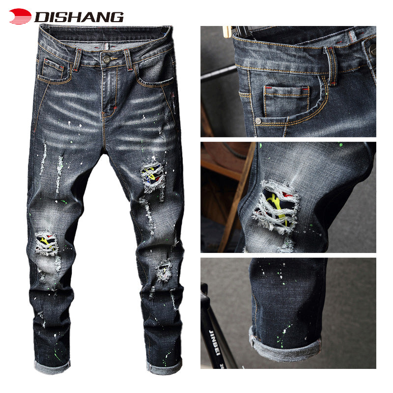 Hot Selling Men Trousers Jeans Zipper Slim Men Jeans Trouser Skinny Hole Men Jeans Pants