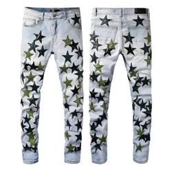 Guys Rip Slim Fit Skinny Man Pants Orange Star Patches Trendy Long Straight Hip Hop With Hole Blue Mens Jeans