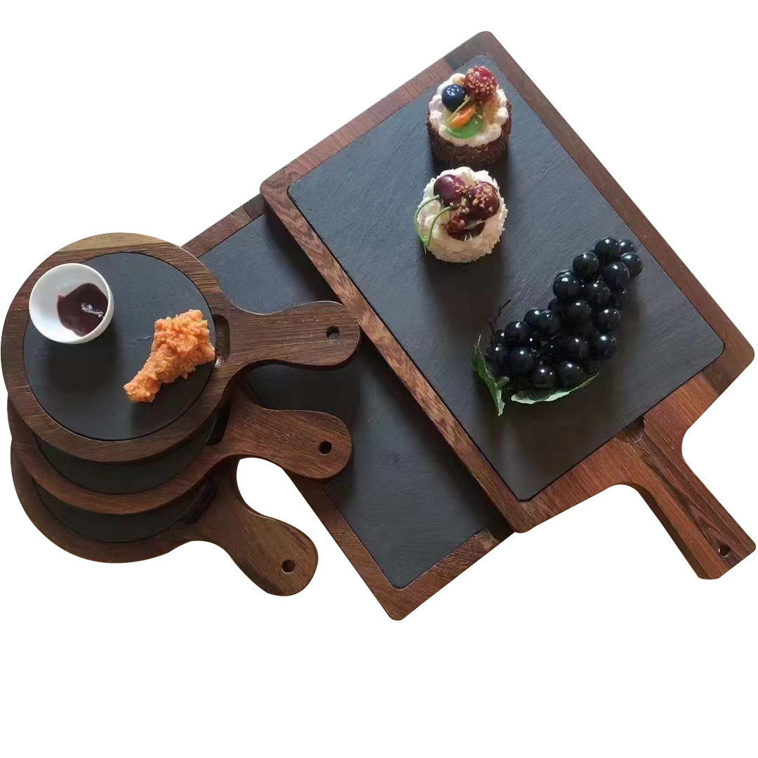 Customized Natural Black Round Squaer Slate Stone Wood Plate Cheese Board Sushi Steak Wooden And Slate Plates For Restaurant