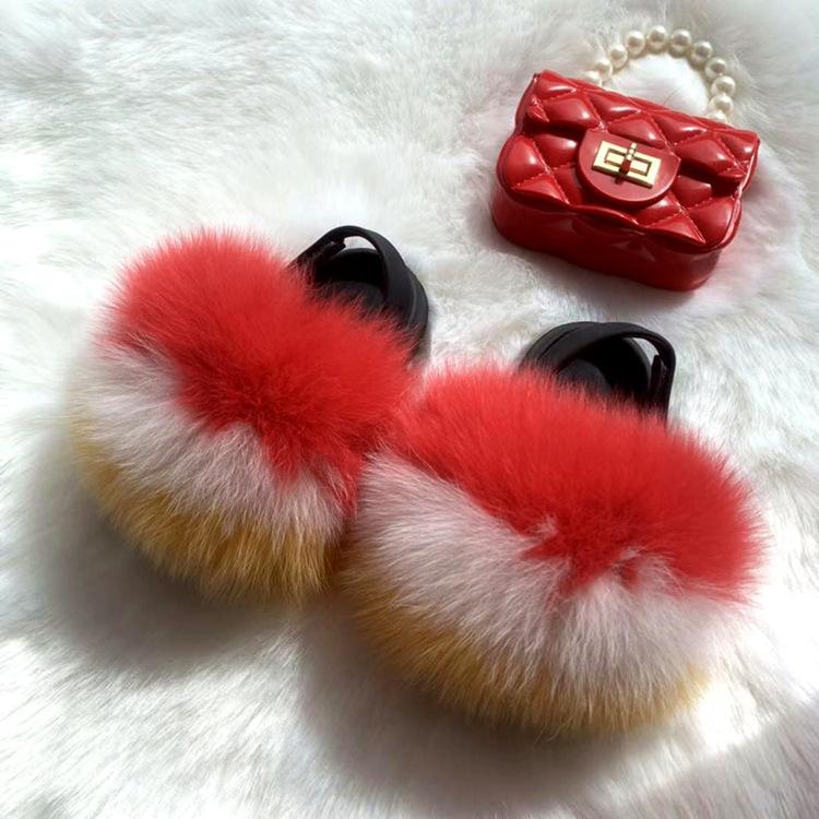 new arrival wholesale colorful fur cute raccoon fox fur slippers summer toddler fur slides kids girls shoes and bags set 2021