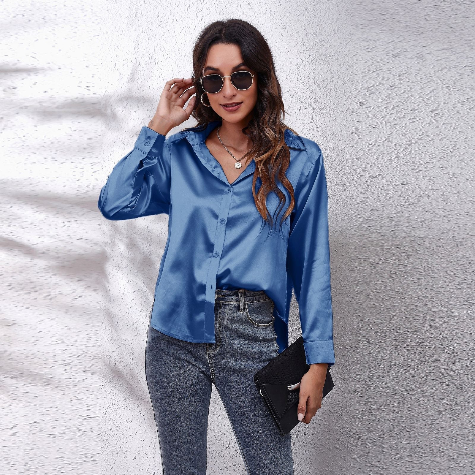Wholesale multicolor casual shirt women's blouses & shirts fashion plain plus size top satin silk shirts