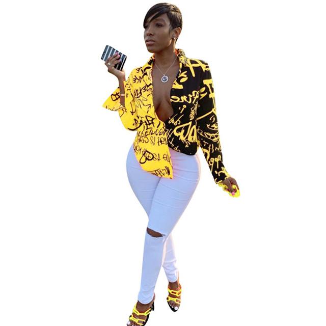yh sg92118 hot sale multicolor graffiti letter print shirt fashion clothing woman blouses and tops