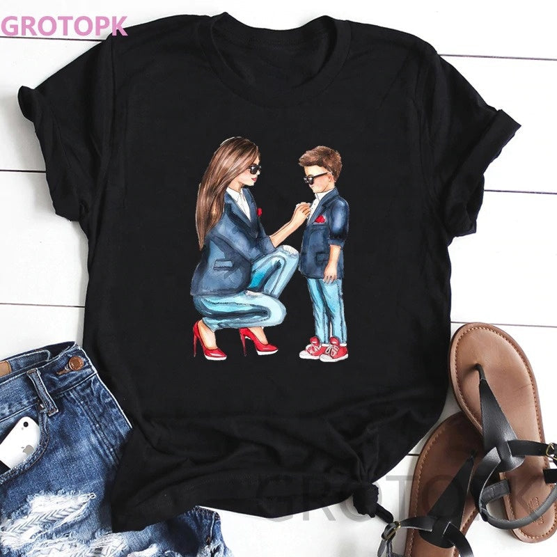 wholesale super mom and handsome boy prints t shirt summer black t shirt for women harajuku tops mothers gifts