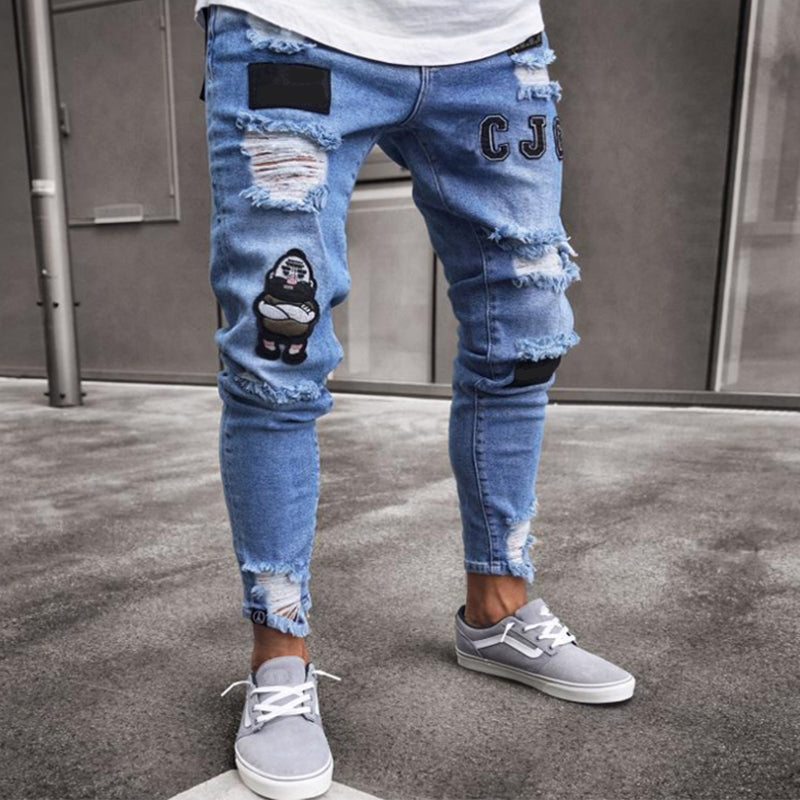 New Italy Style Men's Distressed Destroyed Badge Pants Art Patches Skinny Biker White Jeans Slim Trousers men denim jeans