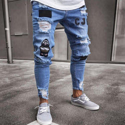 New Italy Style Men's Distressed Destroyed Badge Pants Art Patches Skinny Biker White Jeans Slim Trousers men denim jeans