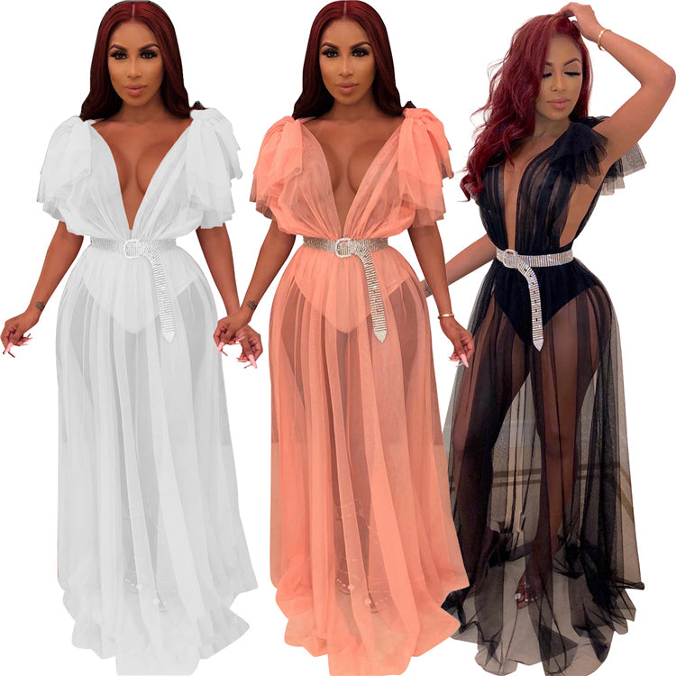sexy women mesh deep v neck solid color see through long maxi women dress