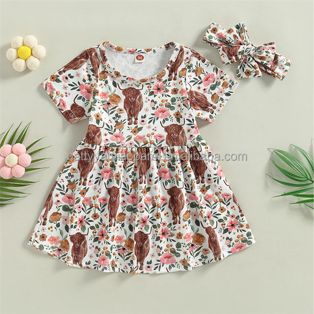 1Pcs Custom Logo RTS  Toddler Short Sleeve Cow Floral Print Girls Kids Dress