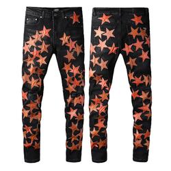 Guys Rip Slim Fit Skinny Man Pants Orange Star Patches Trendy Long Straight Hip Hop With Hole Blue Mens Jeans