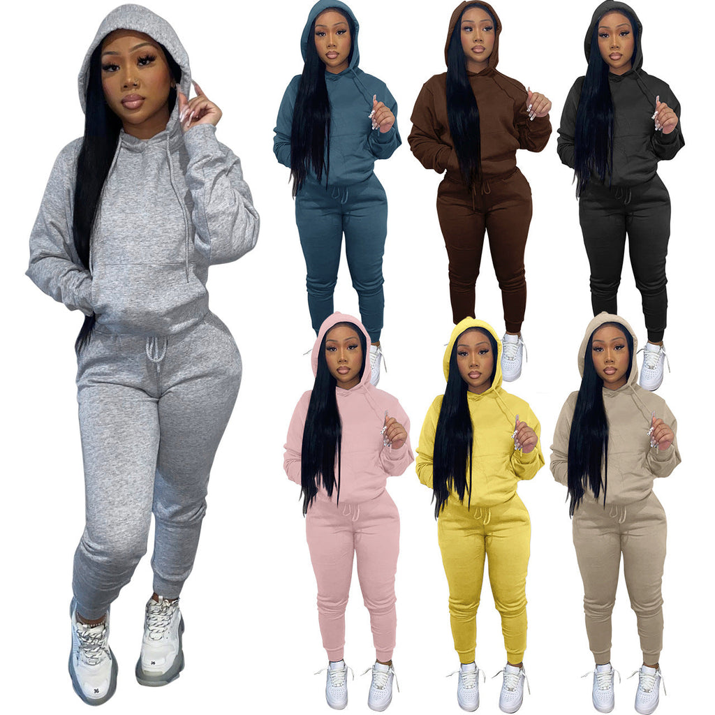 new arrival 2021 autumn winter casual sports solid color hoodie two piece outfits set women clothing two piece pants set
