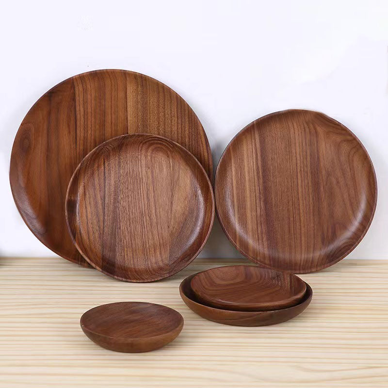 Hot sale reusable eco-friendly hot selling salad fruit snack dessert plate serving charger round wooden dishes for home decor