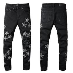 Guys Rip Slim Fit Skinny Man Pants Orange Star Patches Trendy Long Straight Hip Hop With Hole Blue Mens Jeans