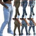 h3618 winter hot selling casual denim printing pocket patchwork drawstring waist stacked long pants
