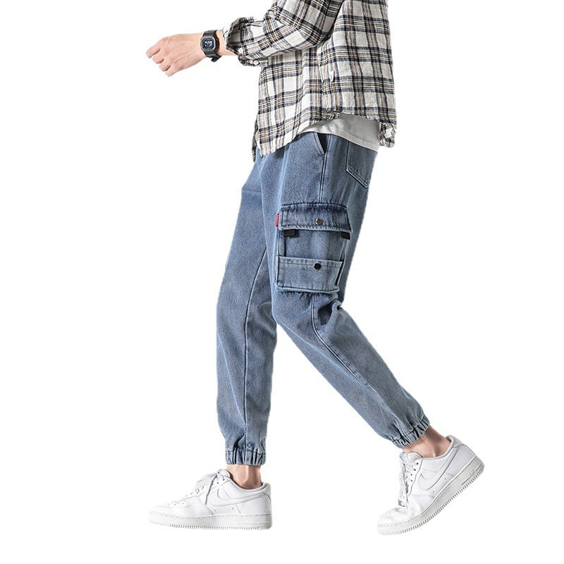 casual young style jeans pants for men middle waist slim pockets mens denim trousers 2021 fall casual streetwear