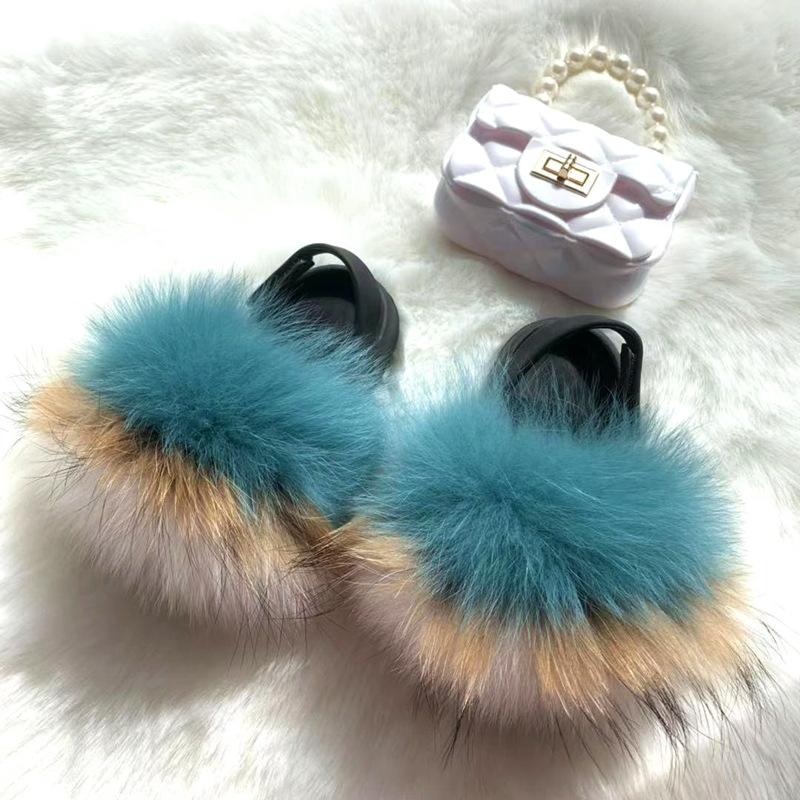 new arrival wholesale colorful fur cute raccoon fox fur slippers summer toddler fur slides kids girls shoes and bags set 2021