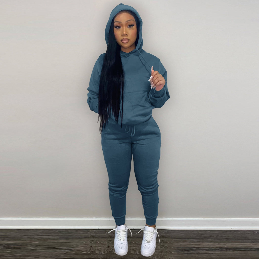 new arrival 2021 autumn winter casual sports solid color hoodie two piece outfits set women clothing two piece pants set