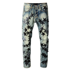 Dropshipping Ripped Distressed Leather Star Patch  Designer Mens denim Jeans