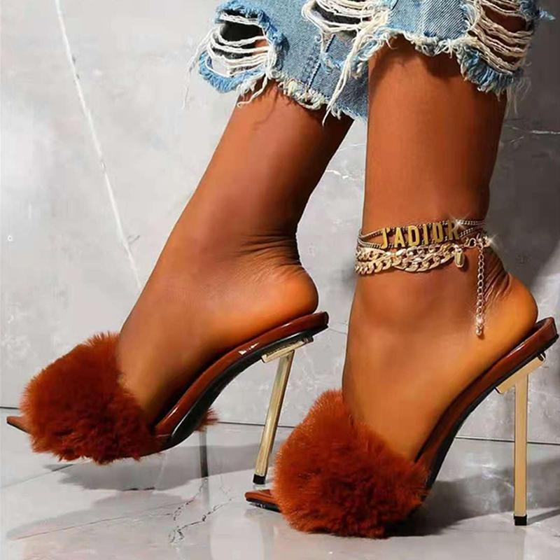 fashion trend 2021 new real rabbit hair iron heel pointed super high heel womens sandals 4 colors into 35 42