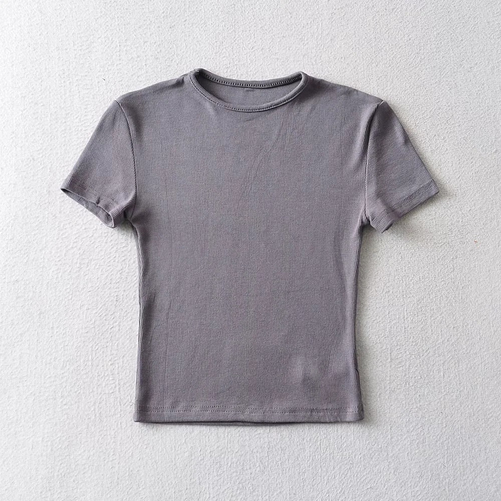 Round neck solid color short sleeve T-shirt summer style women's new tight crop top shirts