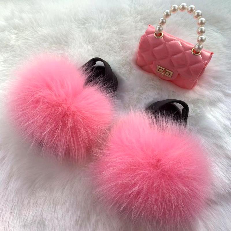 new arrival wholesale colorful fur cute raccoon fox fur slippers summer toddler fur slides kids girls shoes and bags set 2021