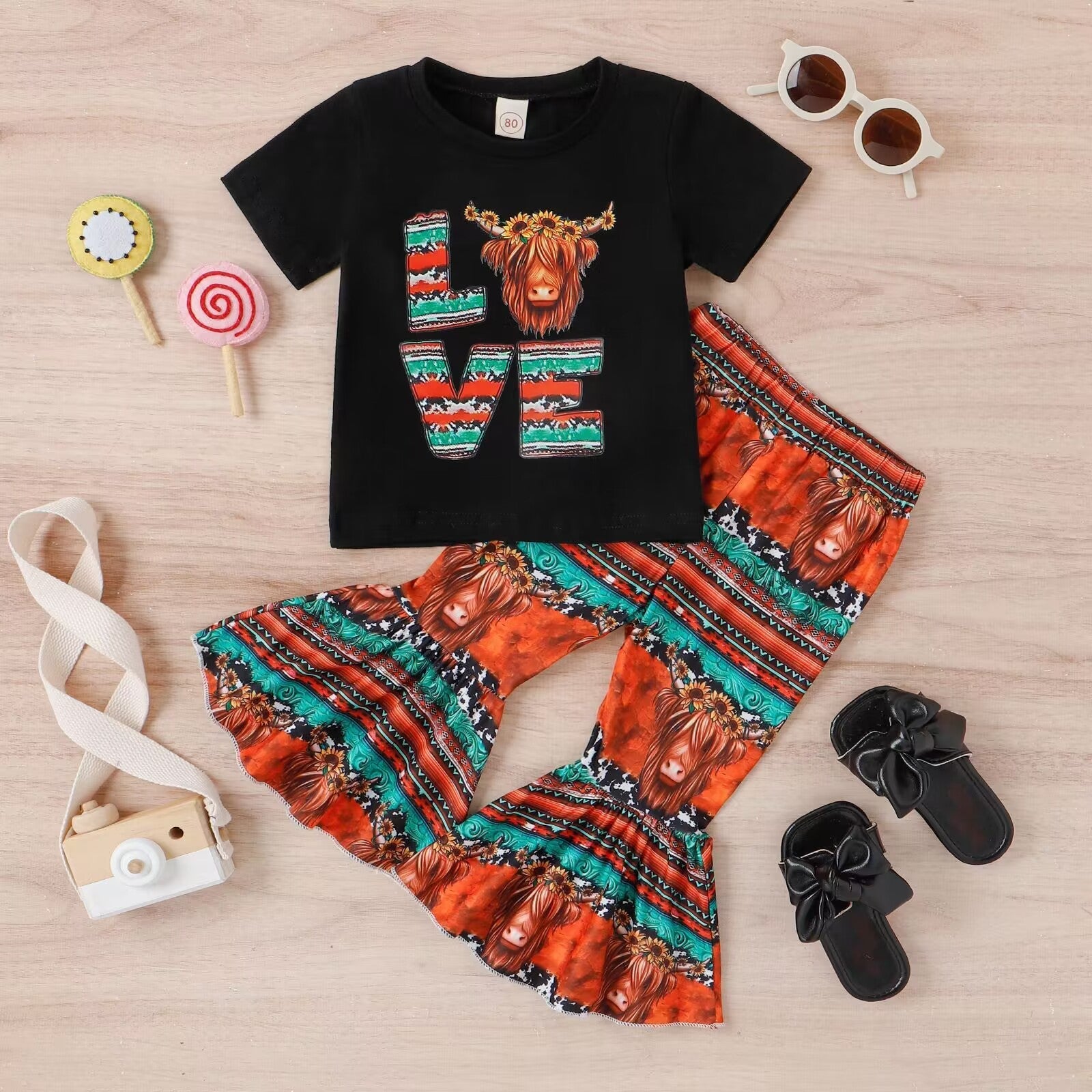 Kids Summer Outfits girl's clothing Set Short Sleeve Cow Top Flare Long Pants  Leggings 2 Piece Set