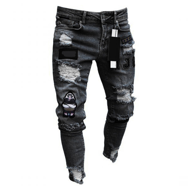 New Italy Style Men's Distressed Destroyed Badge Pants Art Patches Skinny Biker White Jeans Slim Trousers men denim jeans