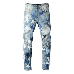 Dropshipping Ripped Distressed Leather Star Patch  Designer Mens denim Jeans