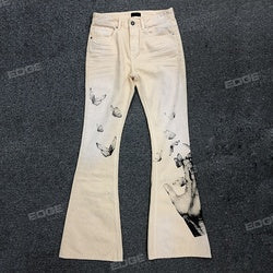 EDGE DENIM Custom jeans manufacturers design distress hole flare fit white blue flame flair jeans man Denim Men's Jeans Pants
