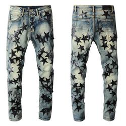 Guys Rip Slim Fit Skinny Man Pants Orange Star Patches Trendy Long Straight Hip Hop With Hole Blue Mens Jeans
