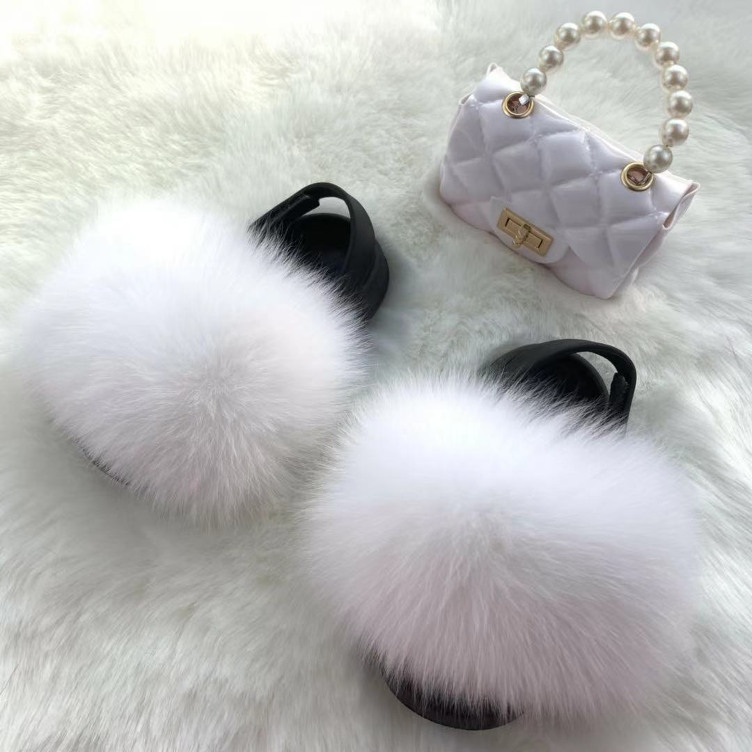 new arrival wholesale colorful fur cute raccoon fox fur slippers summer toddler fur slides kids girls shoes and bags set 2021