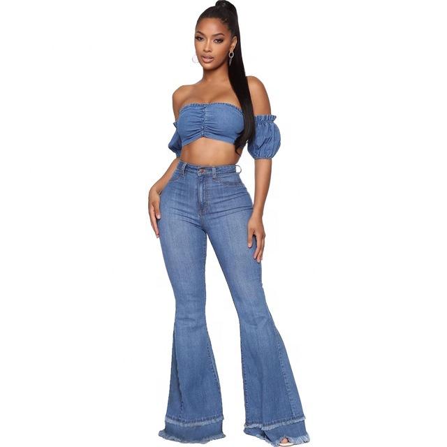 european and american fashion wild wide leg stitching solid color stretch flared women pants