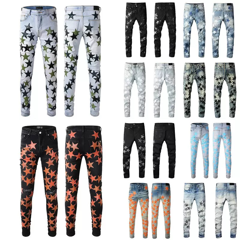Guys Rip Slim Fit Skinny Man Pants Orange Star Patches Trendy Long Straight Hip Hop With Hole Blue Mens Jeans