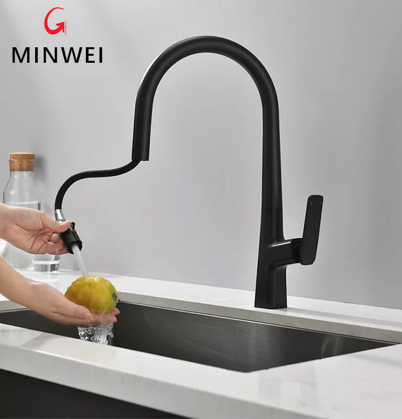 Minwei faucet 360 Degrees Kitchen Black Brass Single Handel Pull out Sink with pull down sprayer faucet