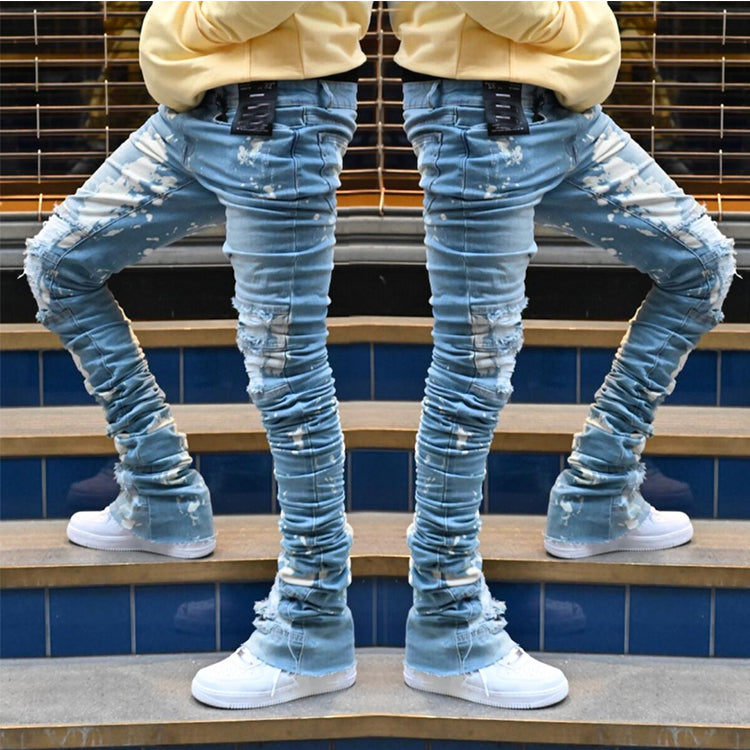 Heavyweight vintage acid wash blue denim pants men wholesale cut edge stacked jeans flare custom ripped distressed jeans