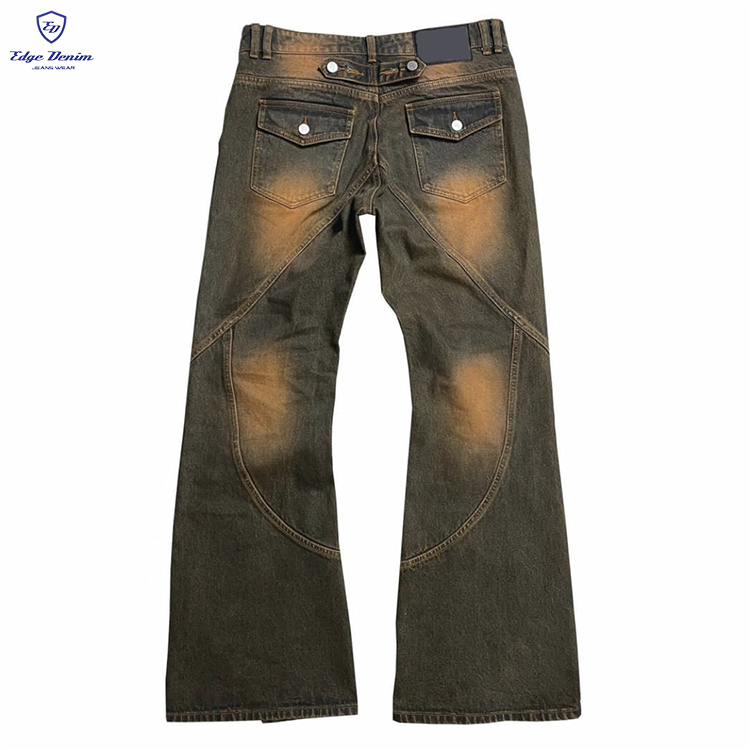 EDGE DENIM Custom jeans manufacturers design distress hole flare fit white blue flame flair jeans man Denim Men's Jeans Pants