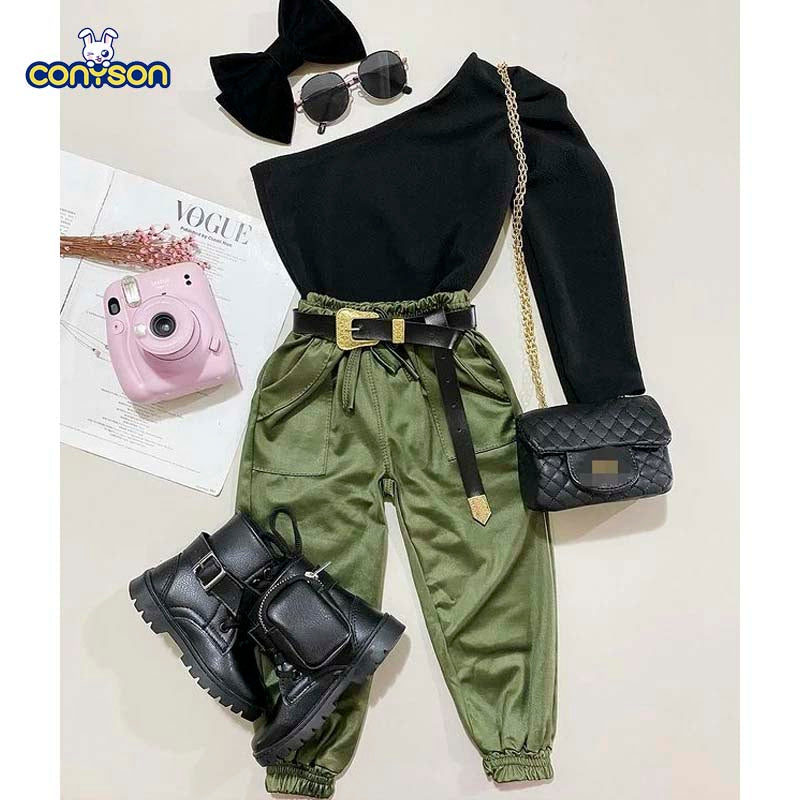 Conyson 2pcs Fashion Autumn Kids Girls Clothes Sets Long Sleeve One Shoulder Solid Tops Elastic Pants Outfits Kids Clothing