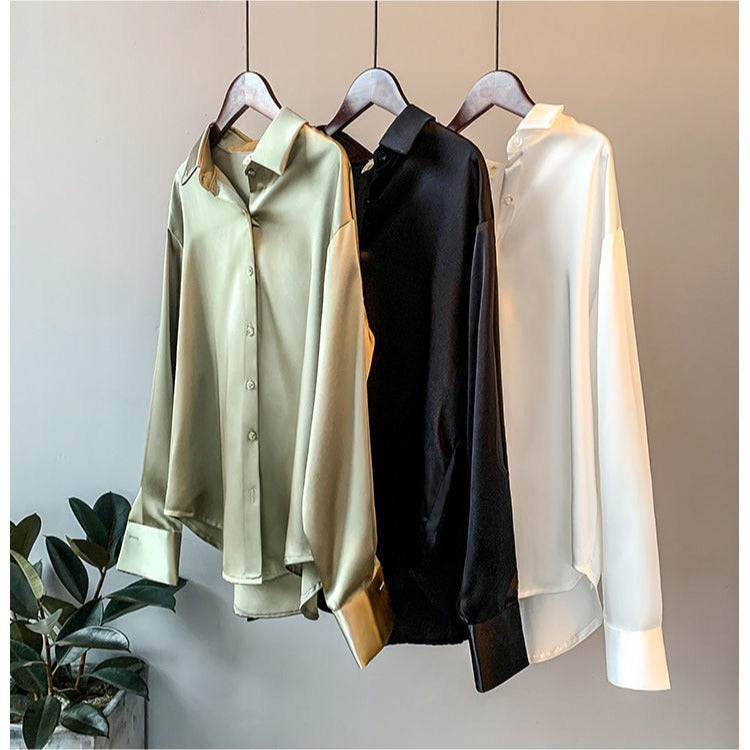 Breathable Solid Silk Women Blouse Ladies Long Sleeve Satin Shirts V Neck Office White Blouse Shirt Women Tops