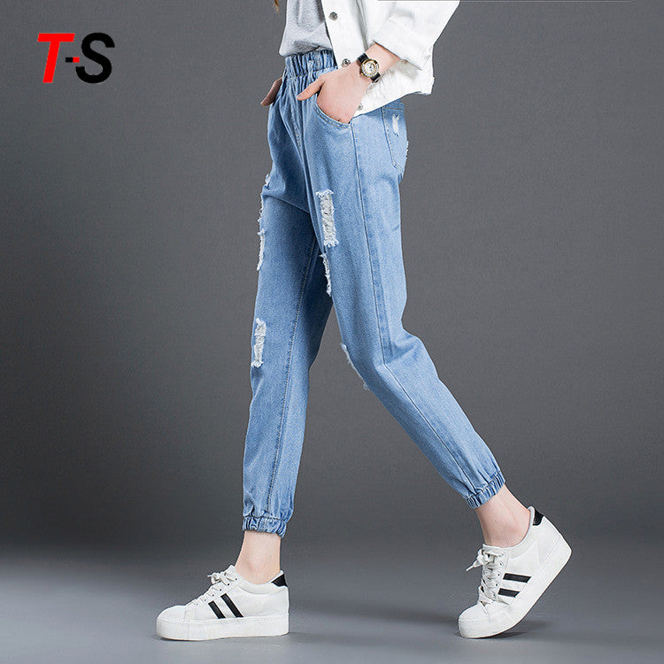 mid waist leisure harem pants nine pants large size elastic waist jeans loose jeans