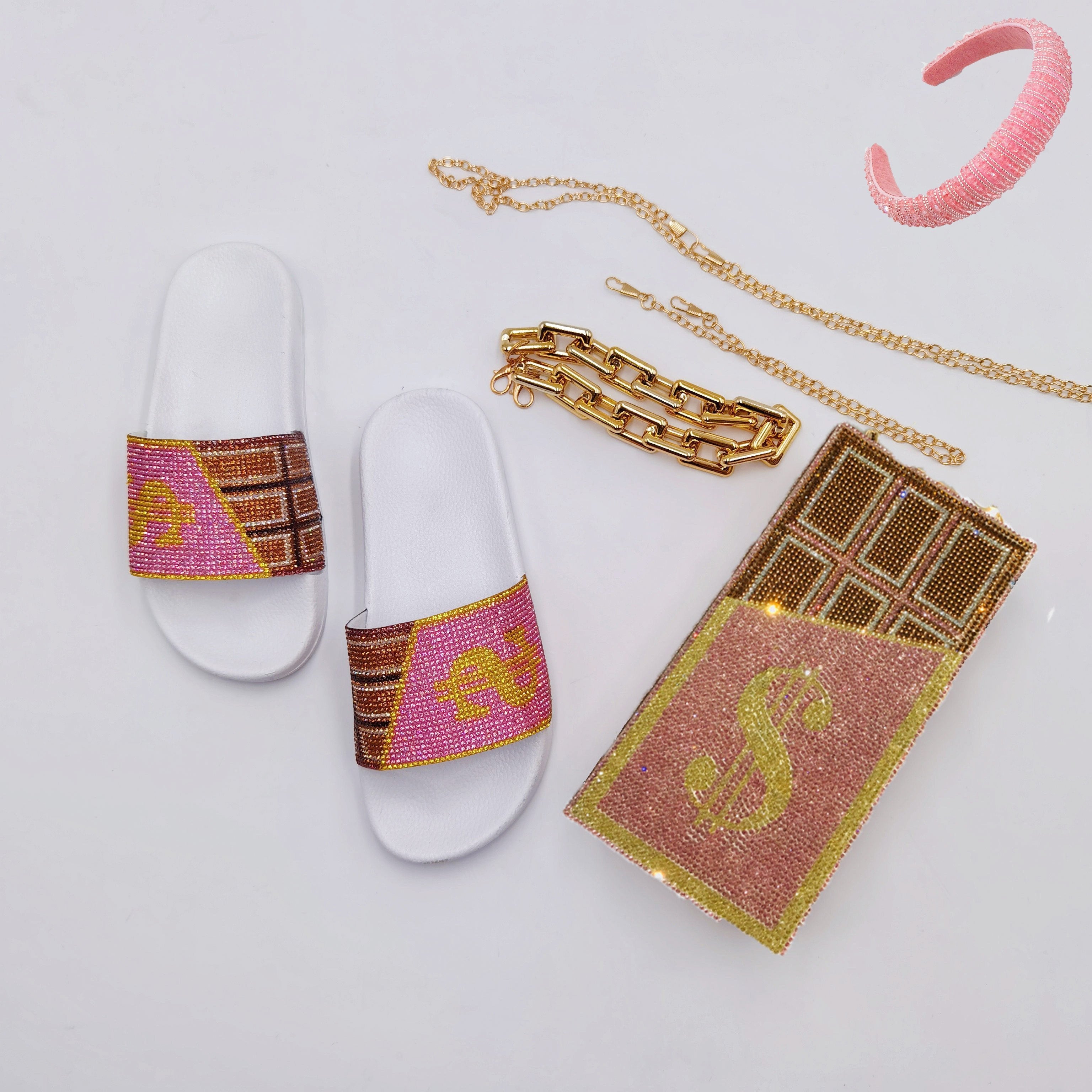 fanlosn trending best selling rhinestone dollar purse women bag and sneakers set slippers bling headband