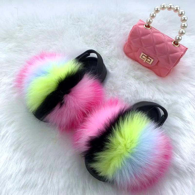 new arrival wholesale colorful fur cute raccoon fox fur slippers summer toddler fur slides kids girls shoes and bags set 2021
