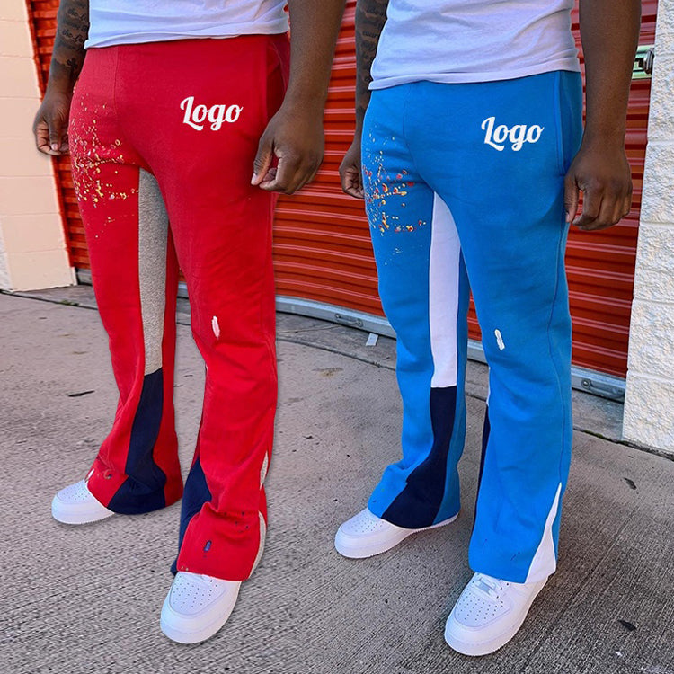 Custom summer streetwear joggers men paint splatters flared flair high quality mens track stacked flared sweat pants men