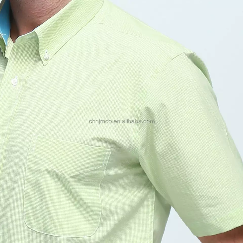 Sustainable 100% Cotton Green Checked Short Sleeve T-shirts Casual Mens Dress Shirts