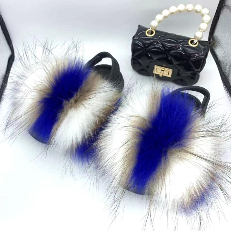 new arrival wholesale colorful fur cute raccoon fox fur slippers summer toddler fur slides kids girls shoes and bags set 2021